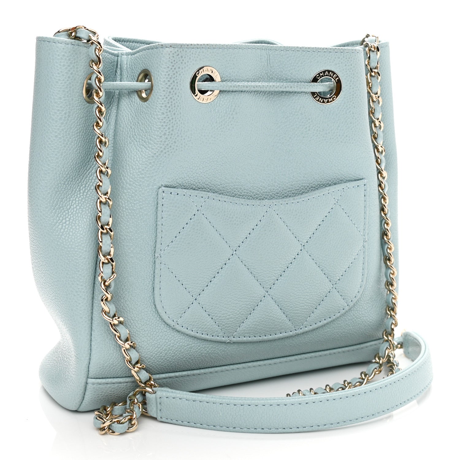Chanel Caviar Quilted Pocket Bucket Bag Light Blue 3 of 10