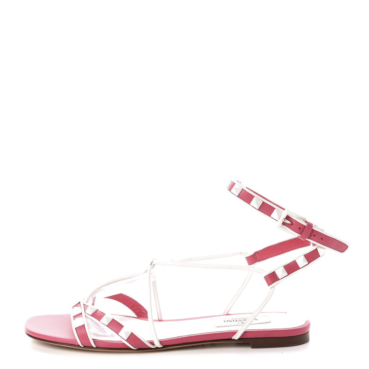 Valentino Garavani Calfskin Free Rockstud Ankle Strap Flat Sandals 38.5 Shadow Pink White 1 of 9
