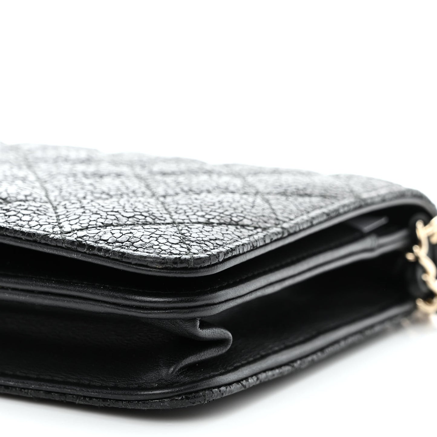 Crackled Patent Calfskin Quilted Pearl Wallet On Chain WOC Black