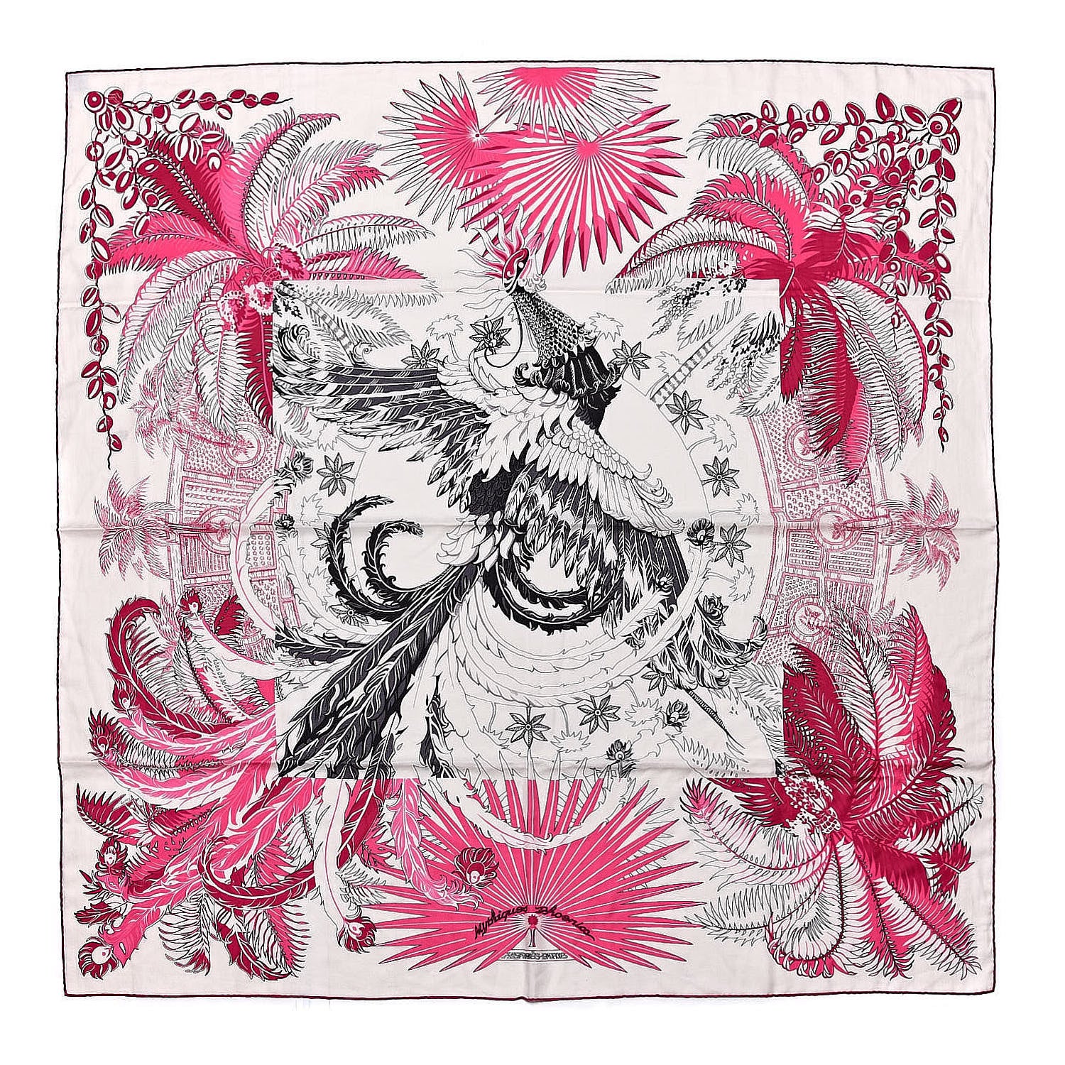 Hermes Cashmere Silk Mythiques Phoenix Coloriage Shawl 140 White Rose Black 1 of 5