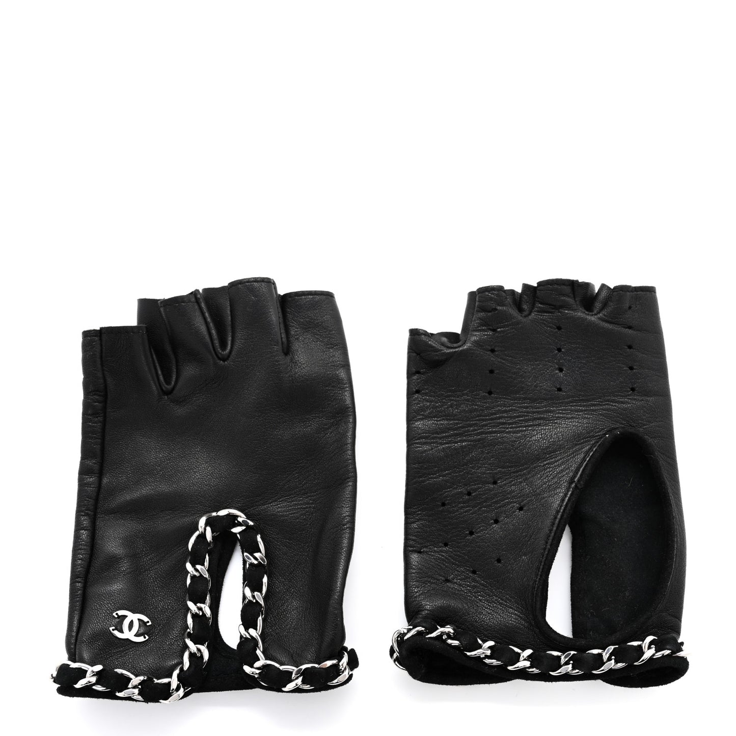 Lambskin Perforated Fingerless Chain CC Gloves 7.5 Black