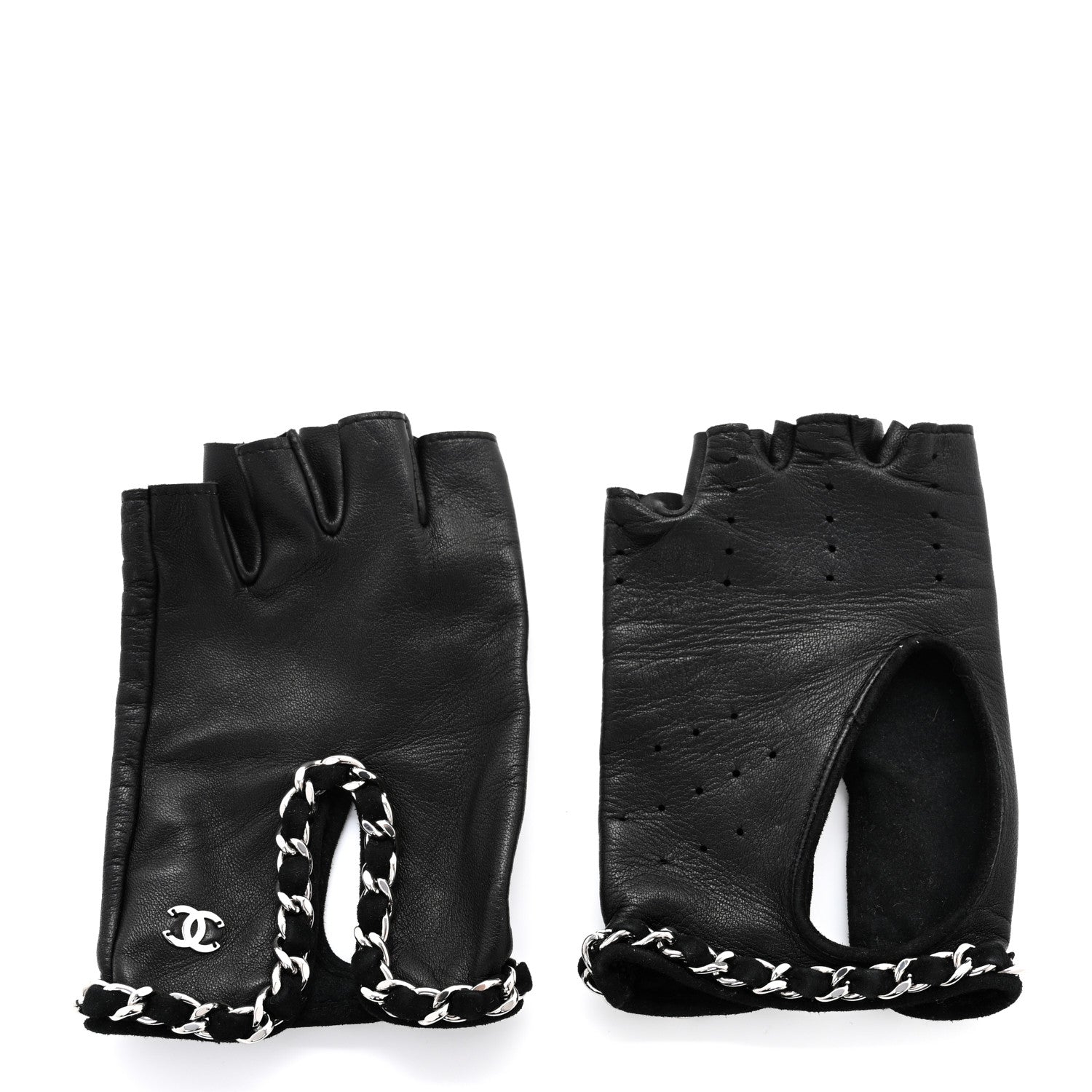 Chanel Lambskin Perforated Fingerless Chain CC Gloves 7.5 Black 2 of 6