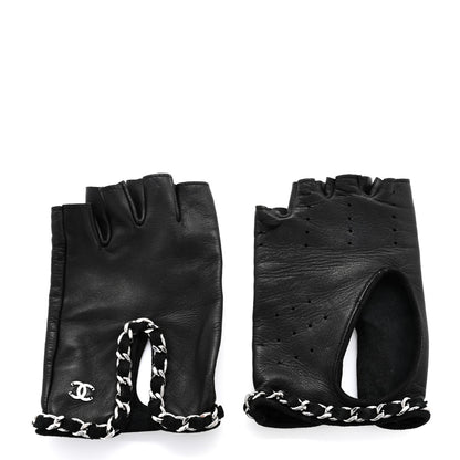 Chanel Lambskin Perforated Fingerless Chain CC Gloves 7.5 Black 2 of 6