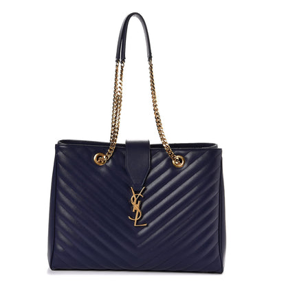 Saint Laurent Grain De Poudre Matelasse Chevron Monogram Shopping Bag Deep Marine 1 of 14