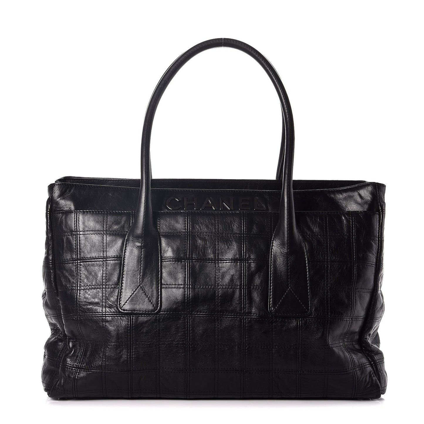 Lambskin Square Stitched Lax Shopping Tote Black