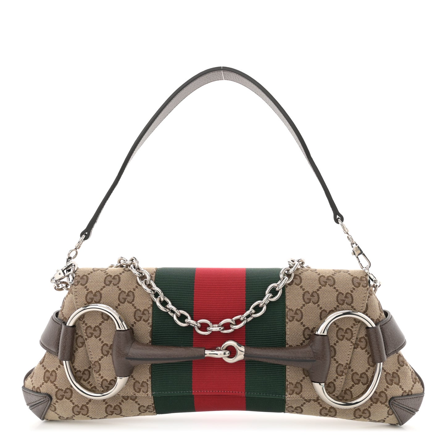 Monogram Textured Dollar Calfskin Heavy Grosgrain Web Medium Maxi Horsebit Chain Shoulder Bag Beige Ebony New Acero