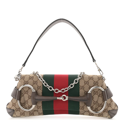 Gucci Monogram Textured Dollar Calfskin Heavy Grosgrain Web Medium Maxi Horsebit Chain Shoulder Bag Beige Ebony New Acero 1 of 11