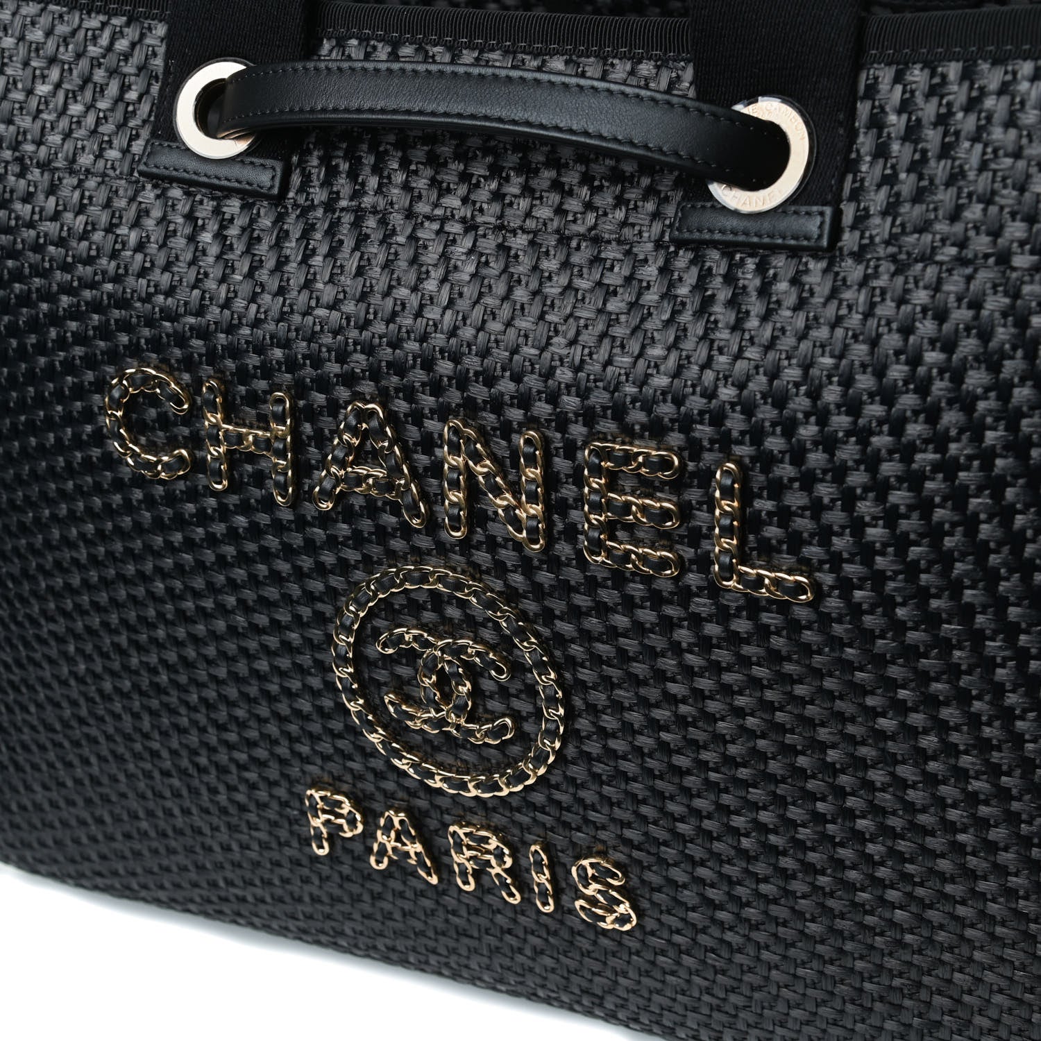 Chanel Straw Raffia Calfskin Chain Medium Deauville Tote Black 14 of 15