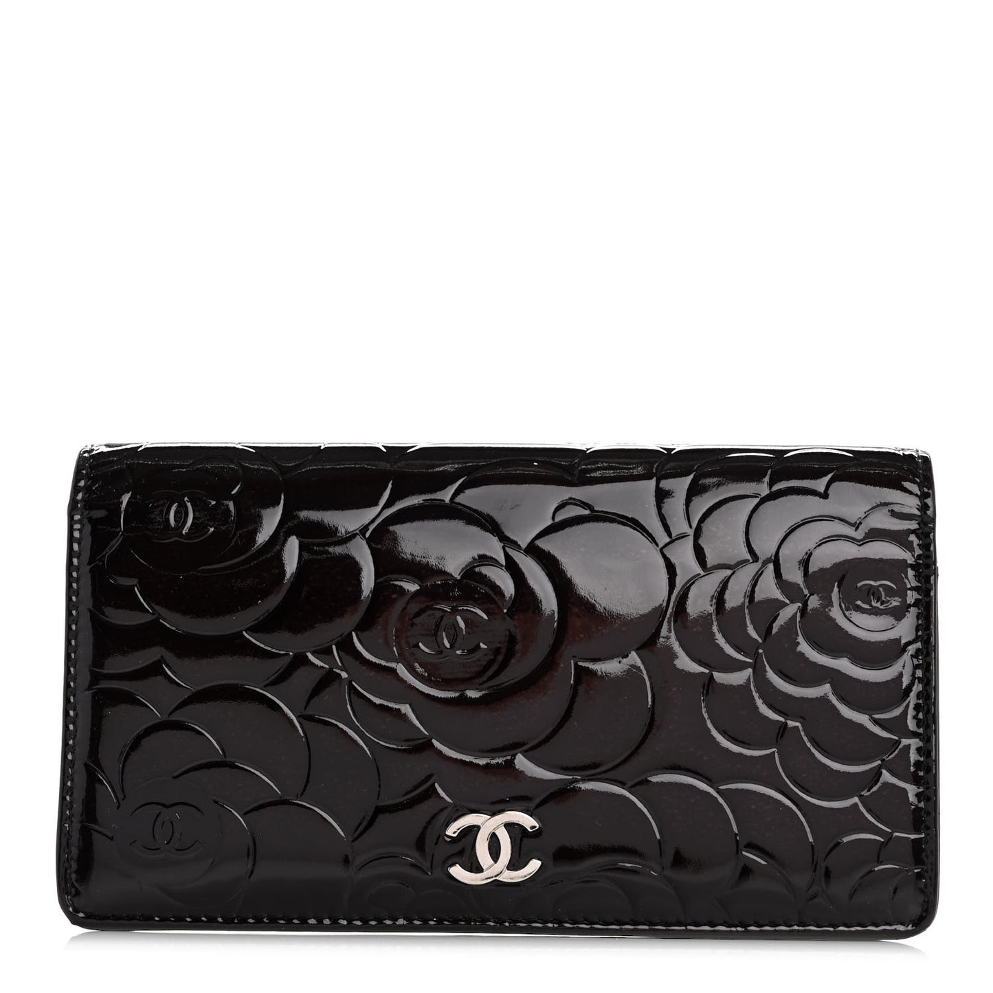 Patent Camellia Embossed Yen Wallet Black