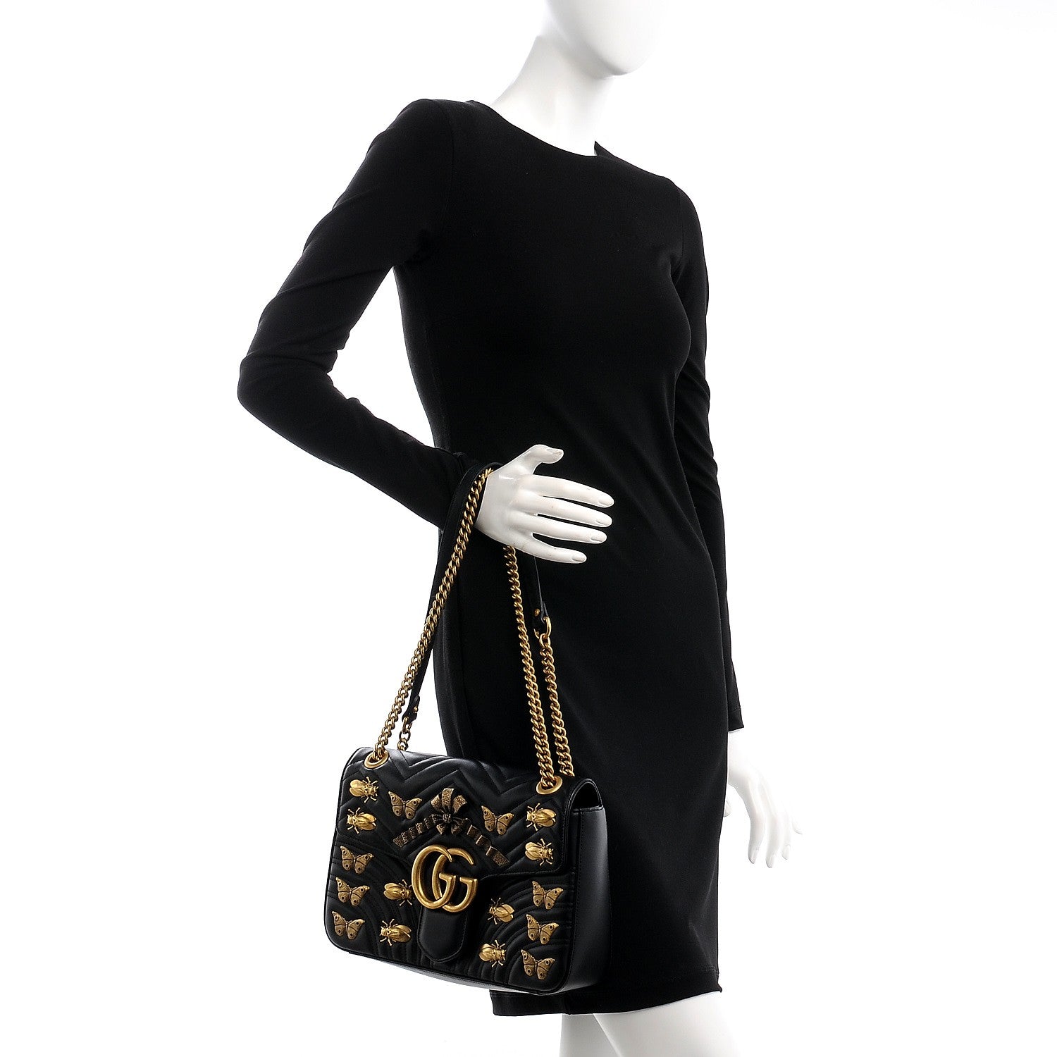 Gucci Calfskin Matelasse Animal Studs Medium GG Marmont Shoulder Bag Black 3 of 9