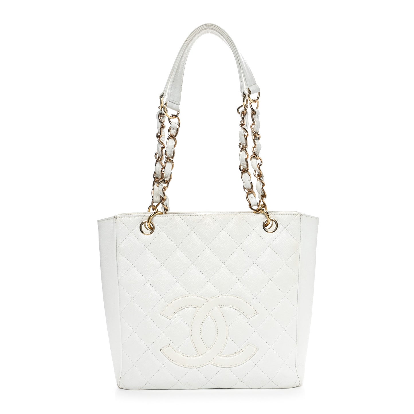 Caviar Quilted Petit Shopping Tote PST White
