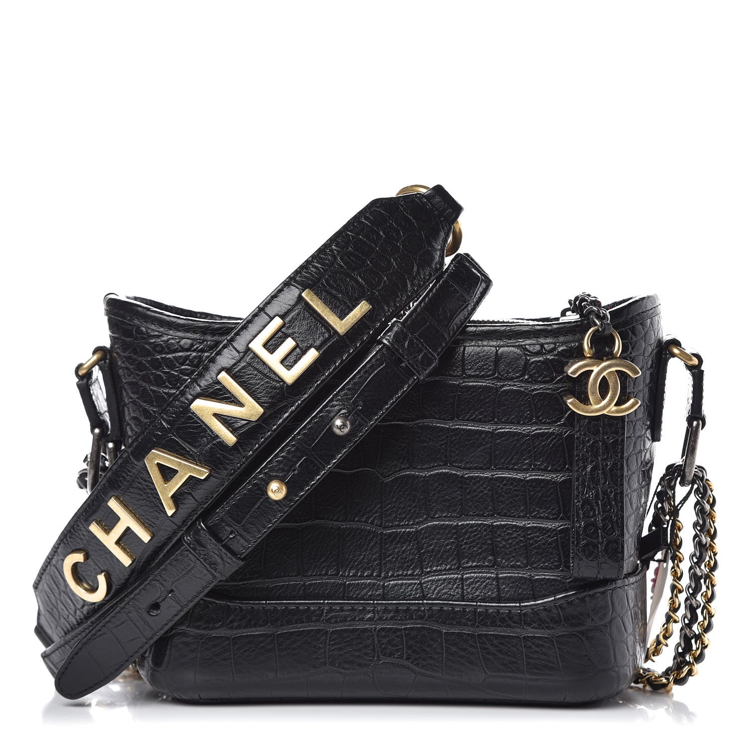 Chanel Calfskin Crocodile Embossed Small Gabrielle Cocodile Hobo Black 1 of 13