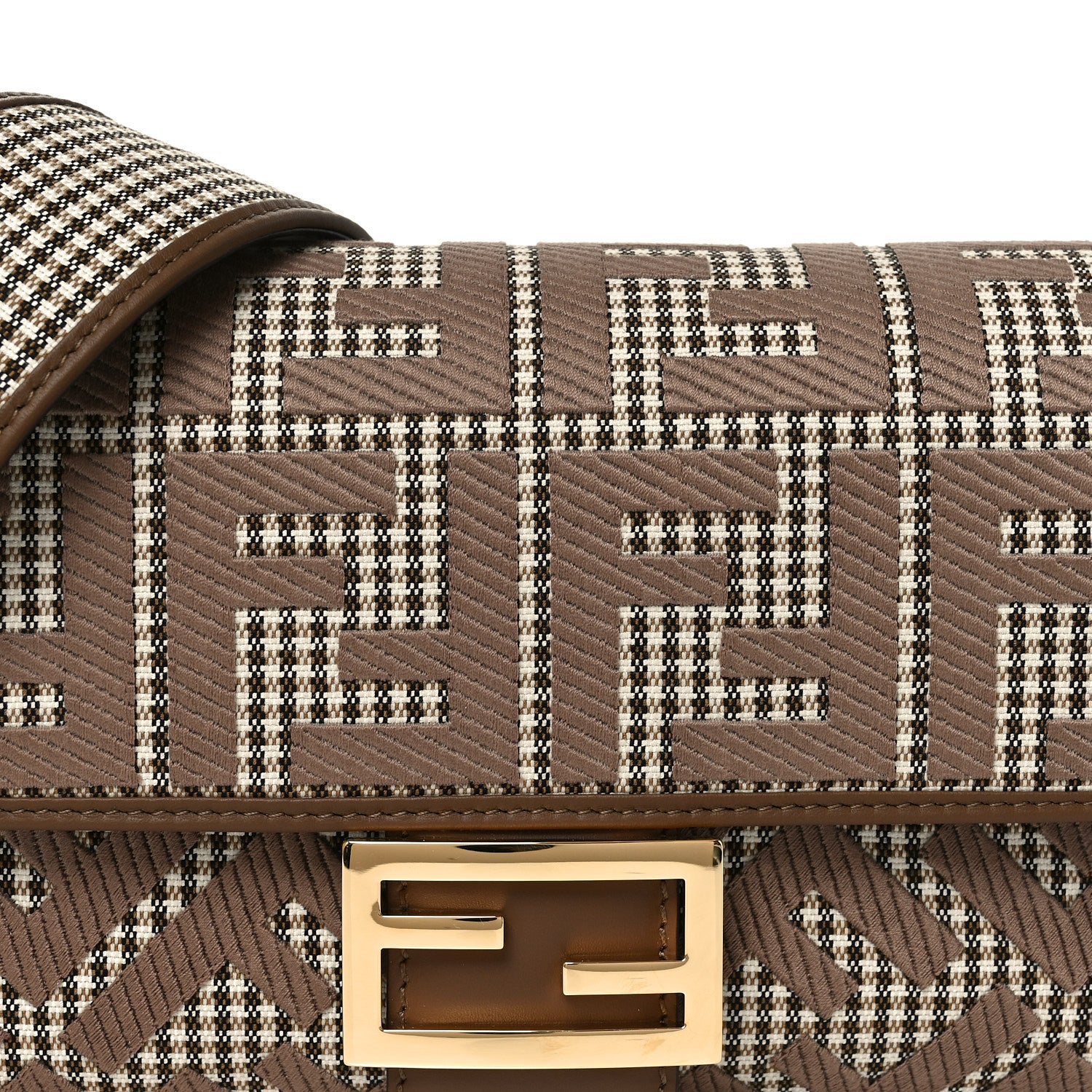 Fendi Wool Vitello King Houndstooth FF Embroidered Baguette Beige