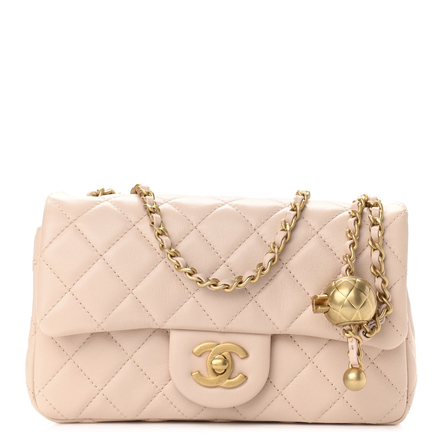 Lambskin Quilted Mini Rectangular Pearl Crush Flap Light Beige