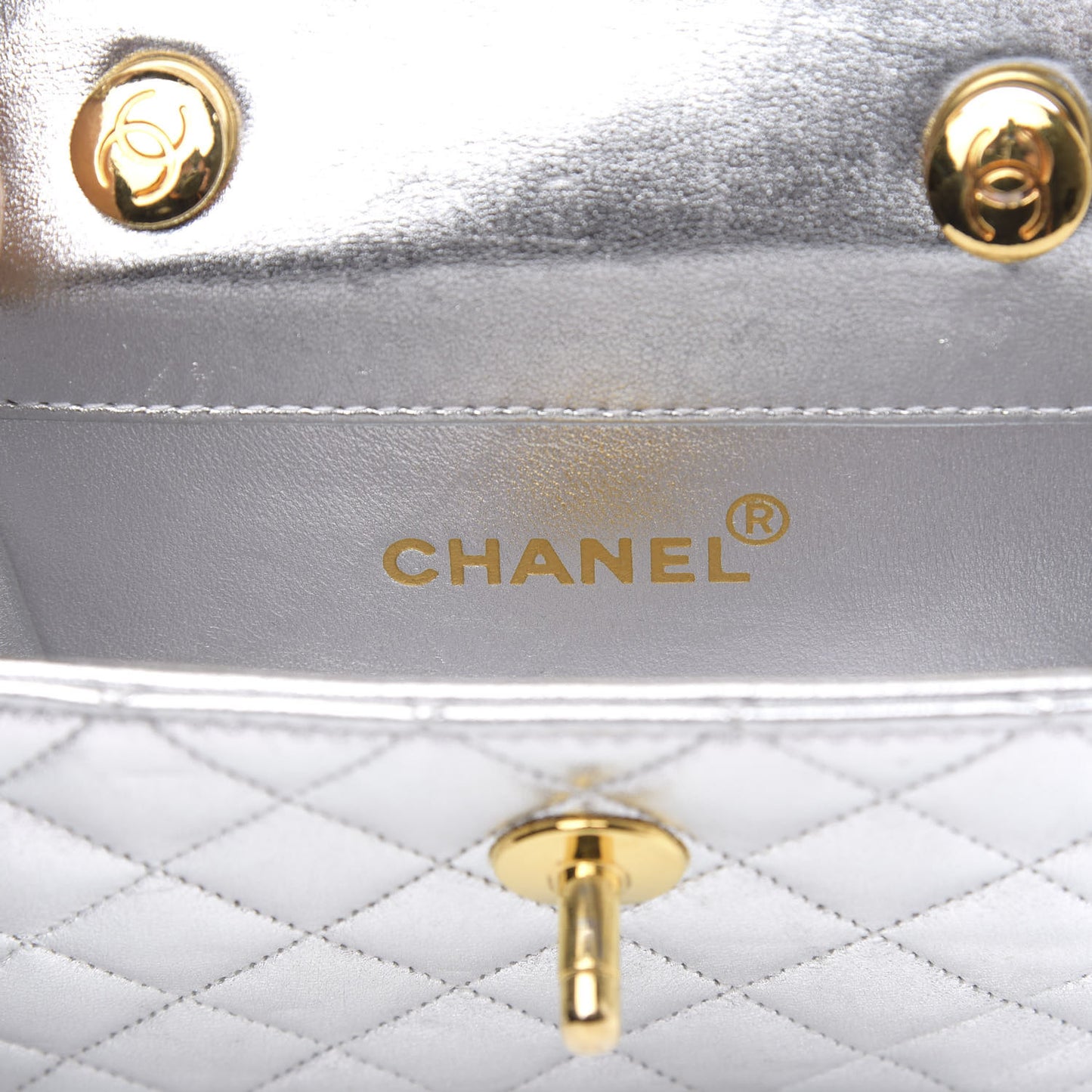 Metallic Lambskin Quilted Micro Mini Flap Silver