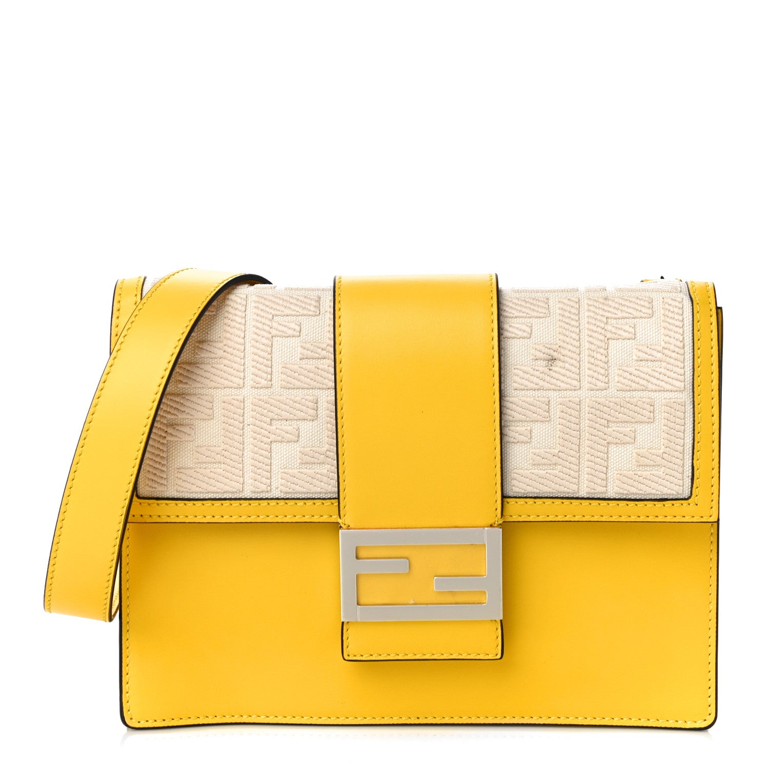 Fendi Canvas Vitello King FF Embroidered Medium Flat Baguette Grezzo Limone 1 of 11