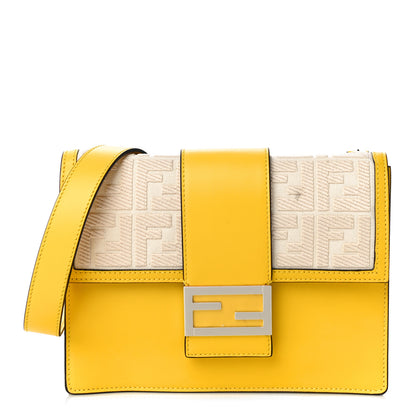 Fendi Canvas Vitello King FF Embroidered Medium Flat Baguette Grezzo Limone 1 of 11