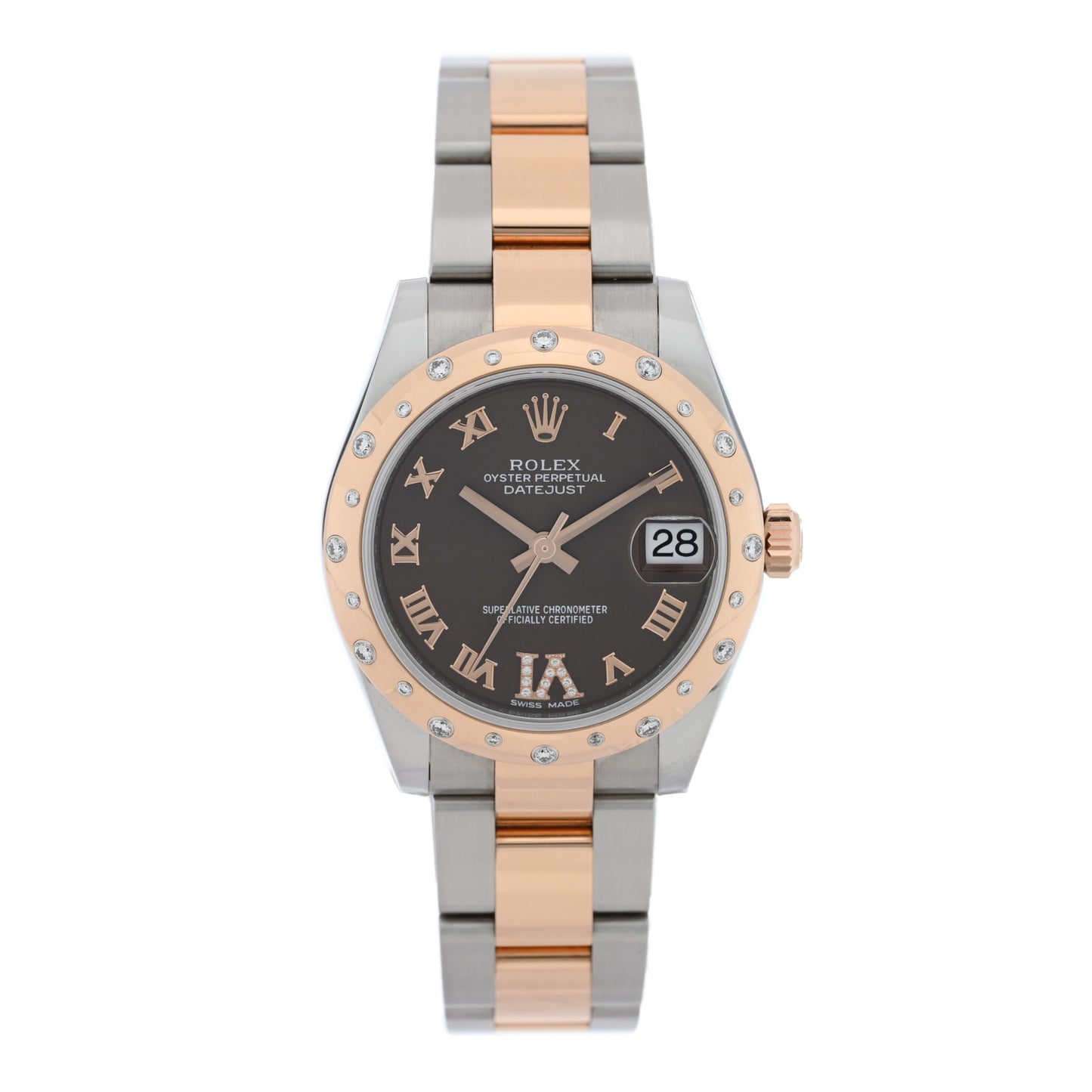 Stainless Steel 18K Everose Gold Diamond 31mm Oyster Perpetual Datejust Watch Chocolate Roman 178341