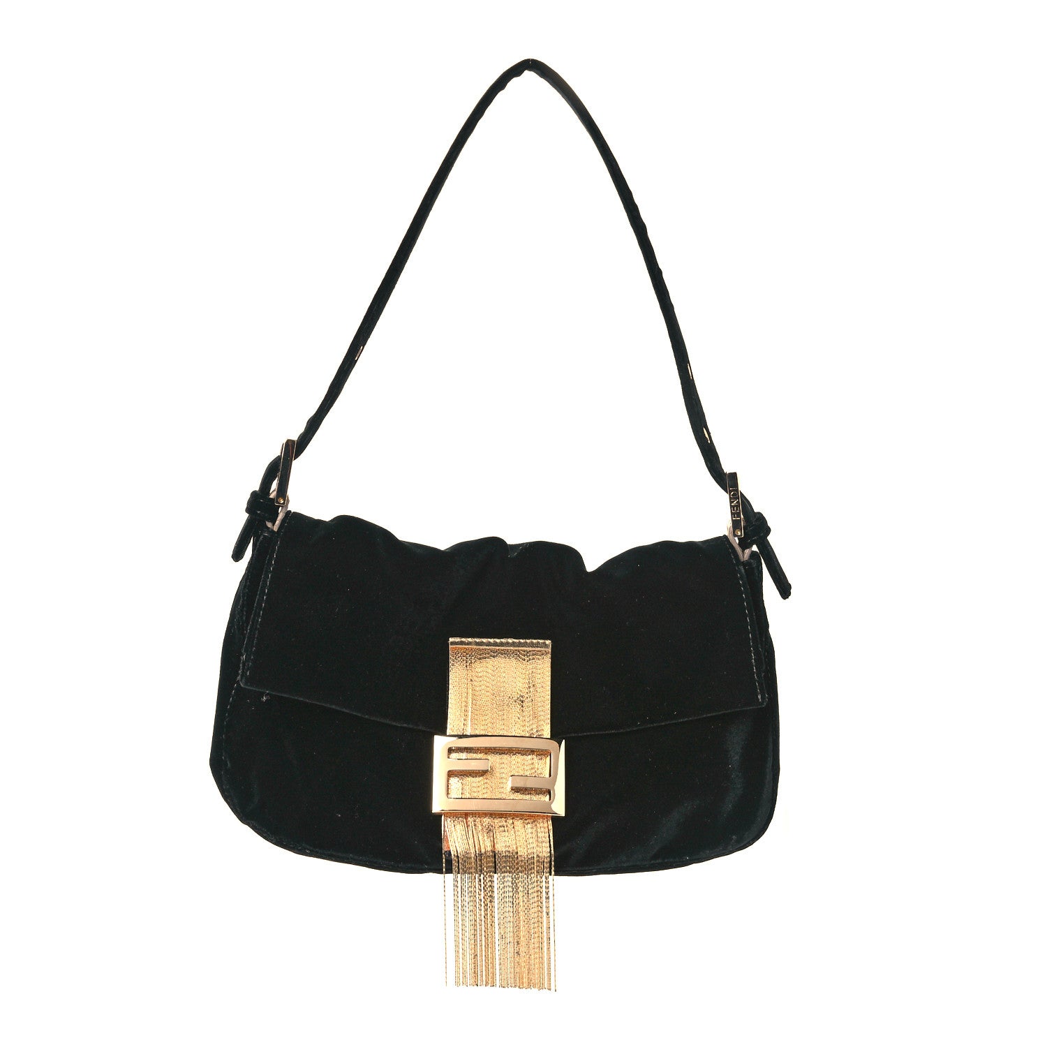 Fendi Velvet Metal Fringe Baguette Black Gold 1 of 10