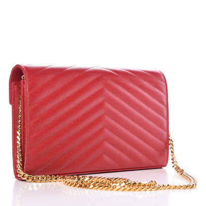 Saint Laurent Grain De Poudre Matelasse Chevron Monogram Chain Wallet New Red 3 of 7