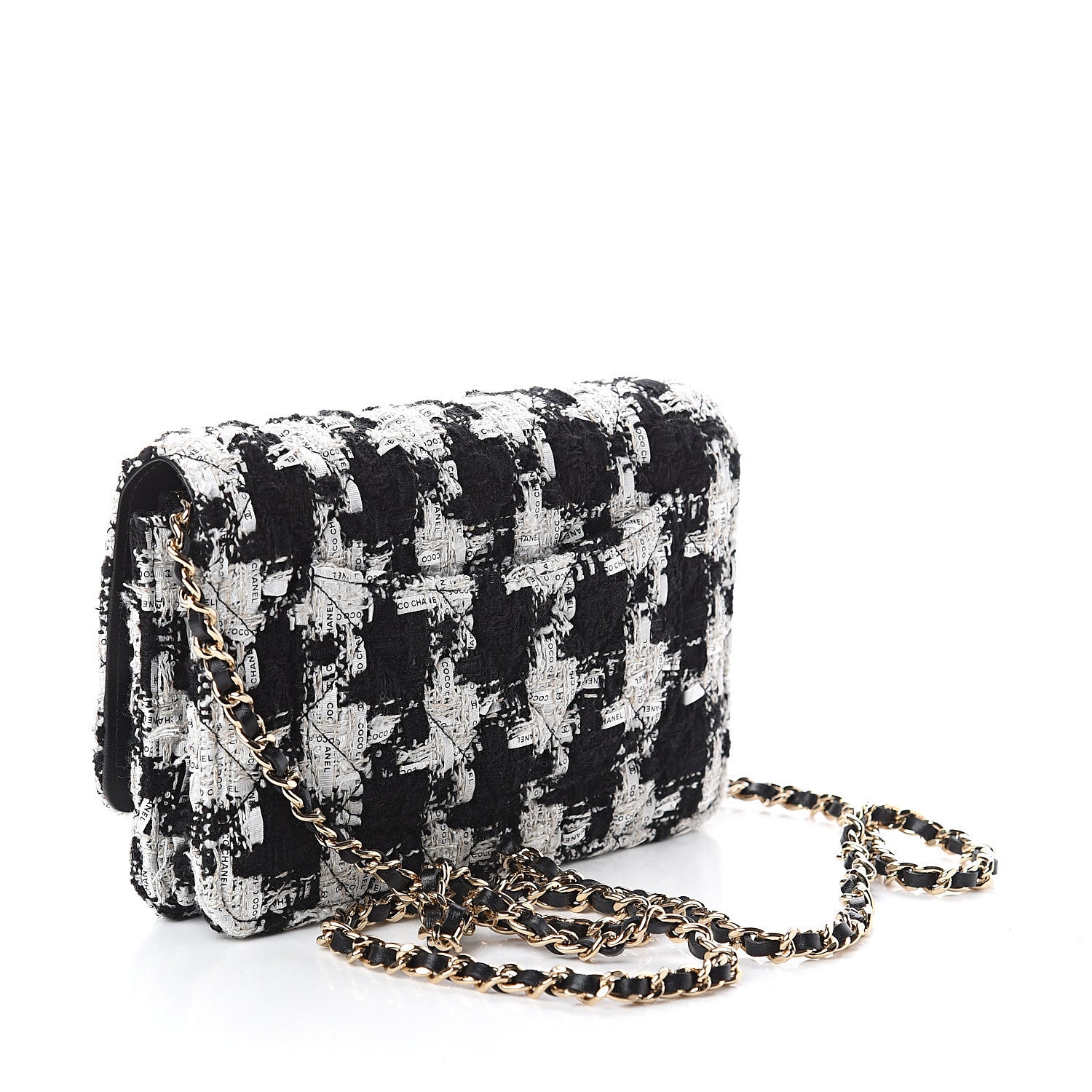 Chanel Tweed Quilted Wallet On Chain WOC Black Ecru White 2 of 10