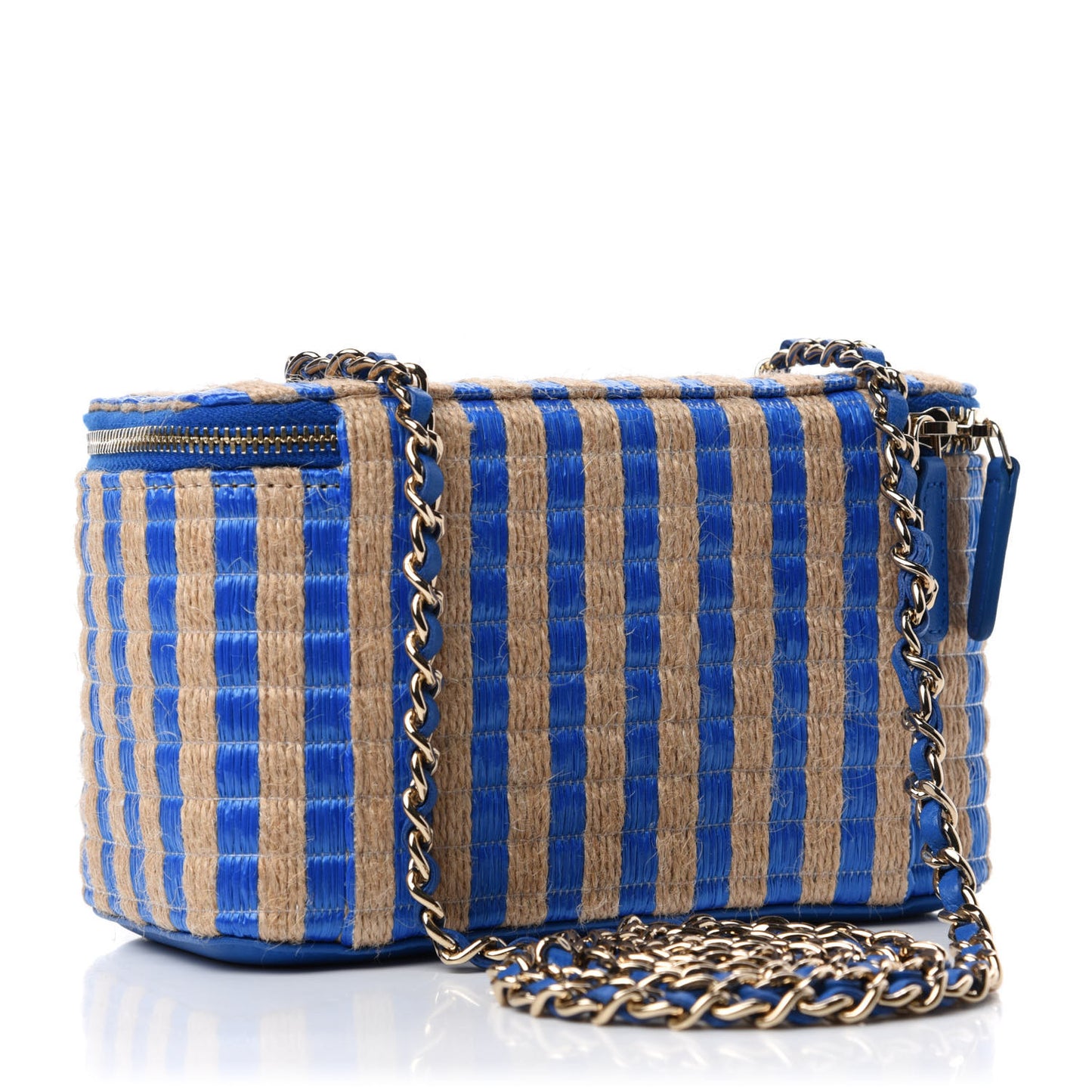 Raffia Jute Striped Small Vanity Case With Chain Blue Beige