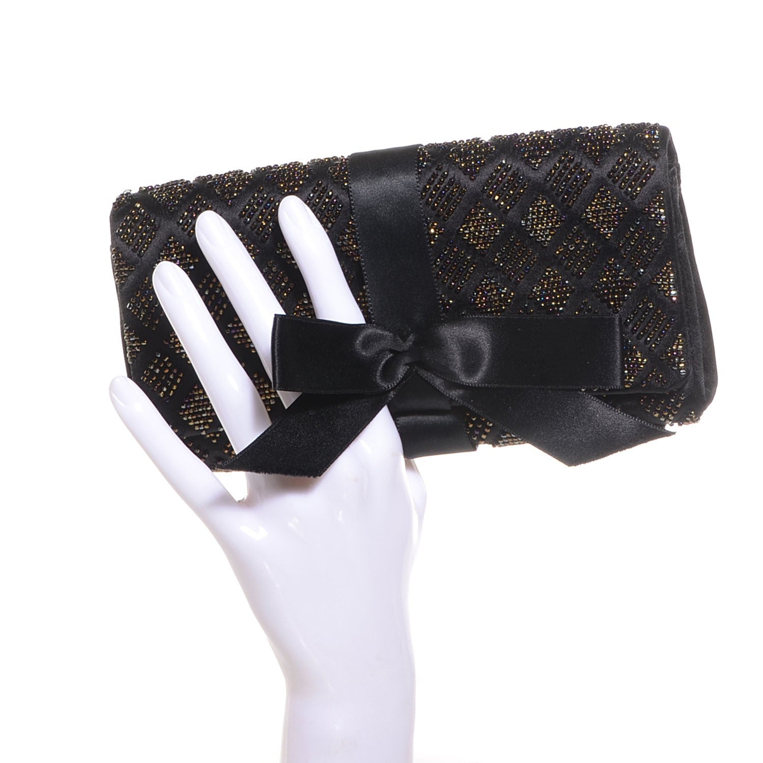 Chanel Satin Beaded Ribbon Bow Clutch Black 2 of 7