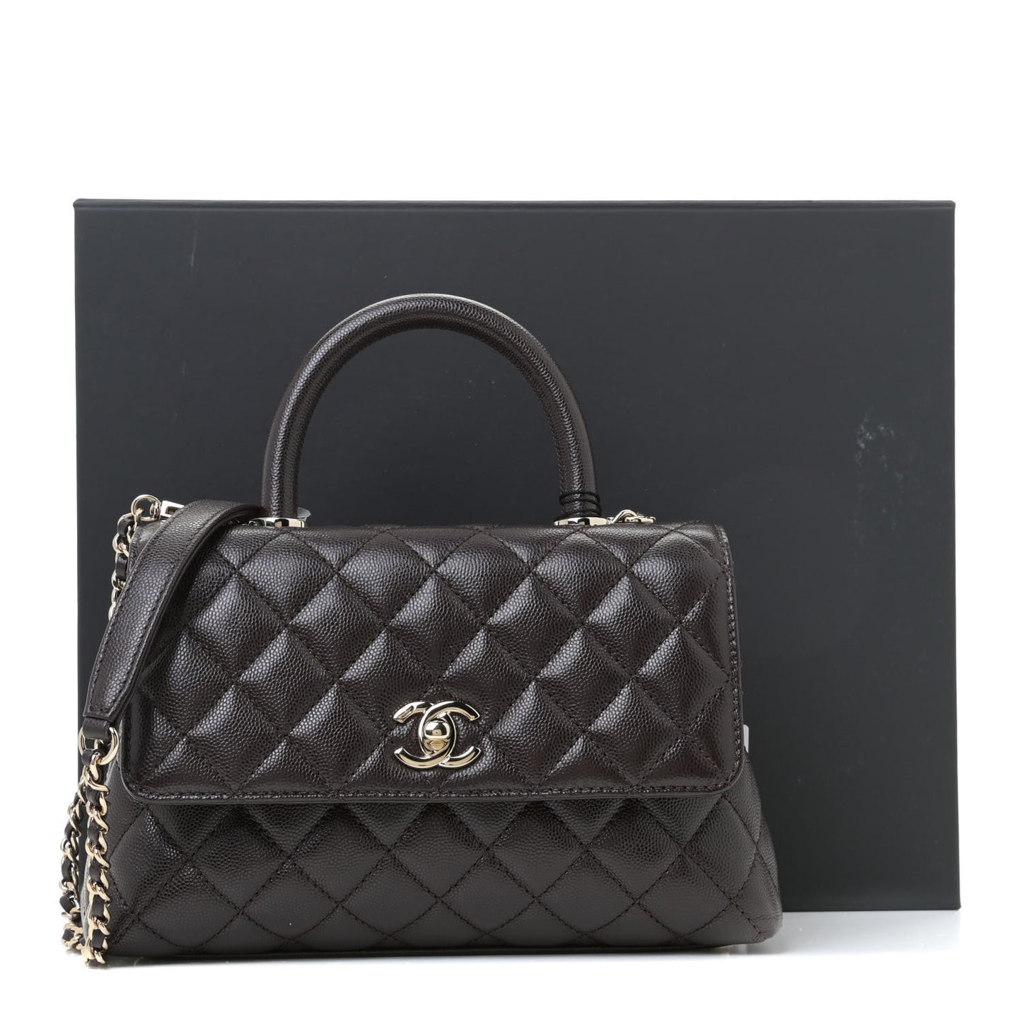 Caviar Quilted Mini Coco Handle Flap Dark Brown