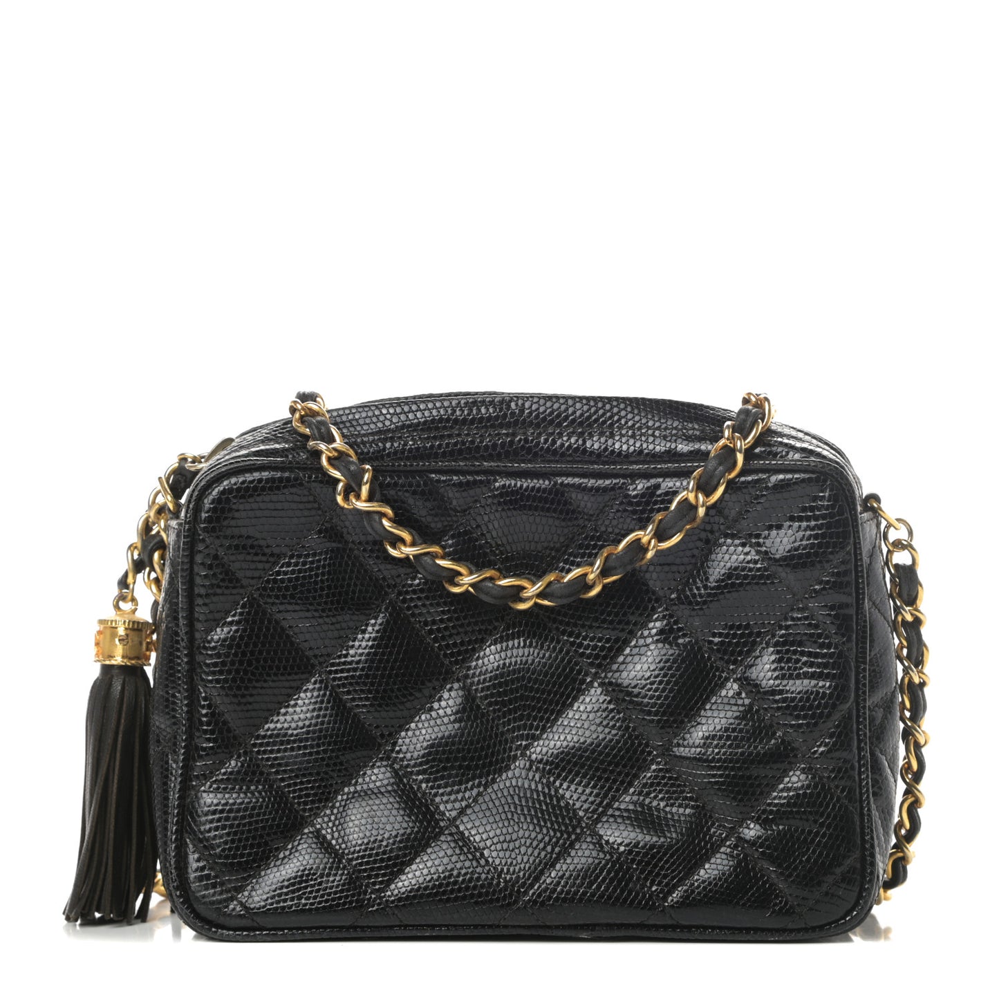 Lizard Quilted Small Tassel Camera Case Black