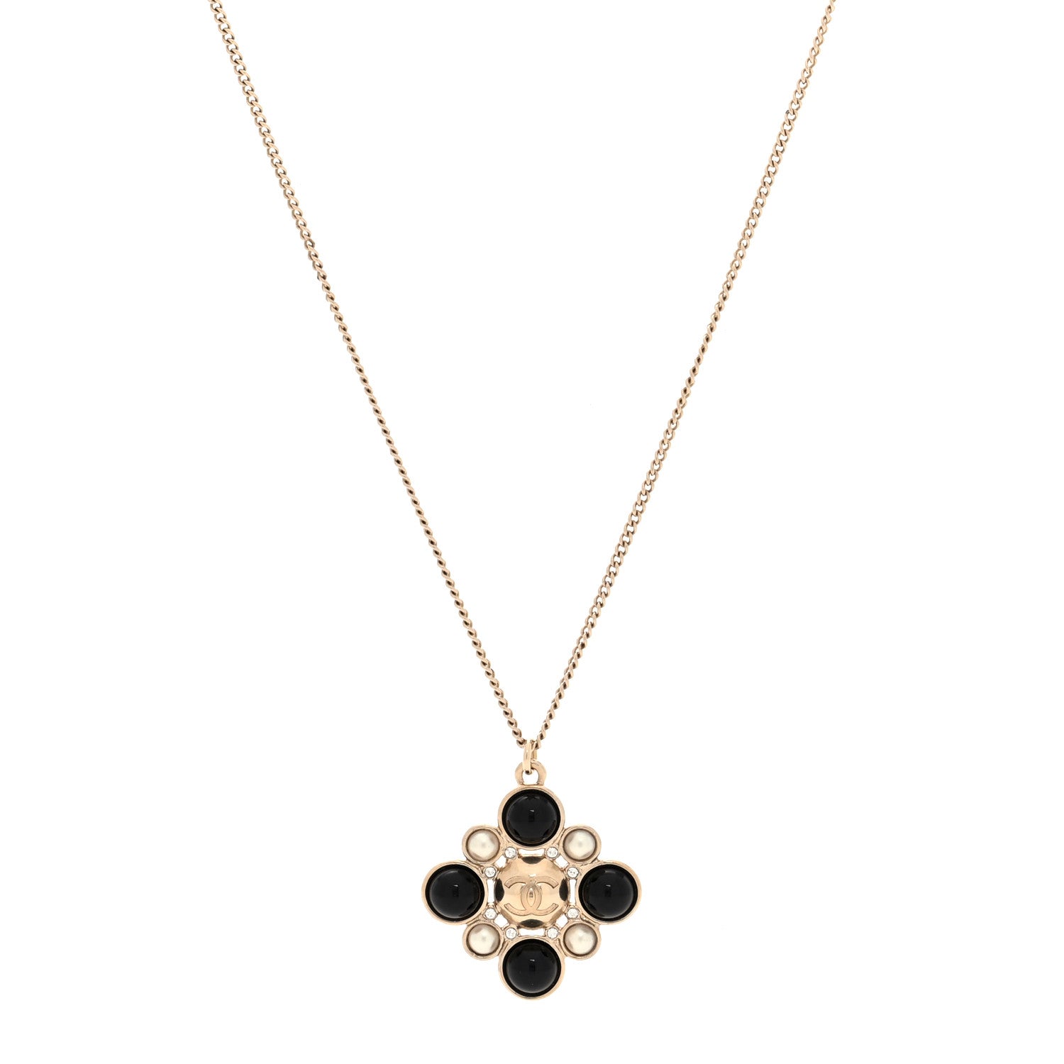 Chanel Metal Pearl Crystal Resin Polka Dot Gripoix CC Pendant Necklace Gold Pearly White Black 1 of 5