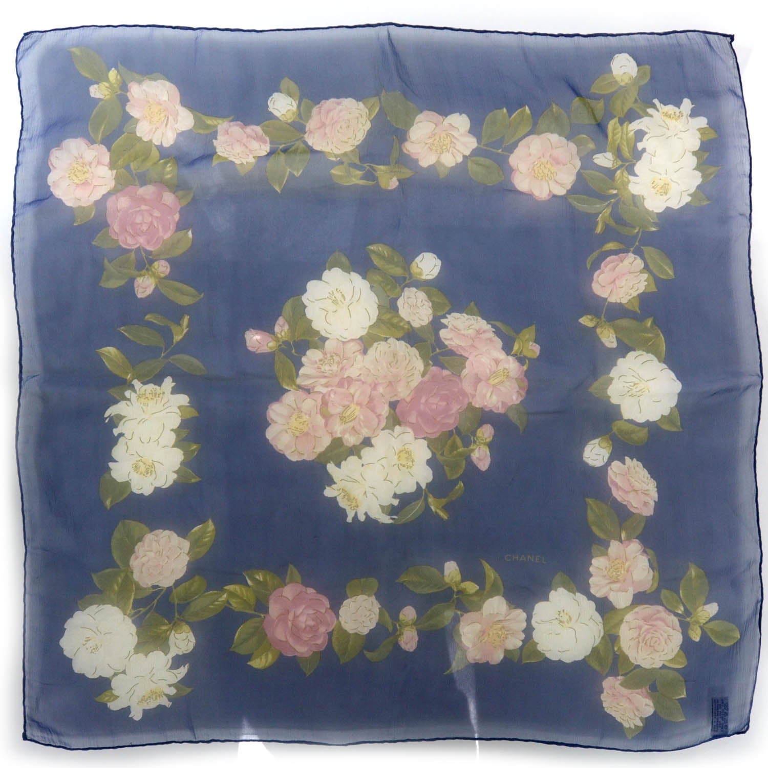 Chanel Silk Chiffon Camellia Scarf Blue 1 of 5