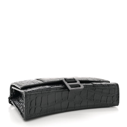 Balenciaga Shiny Calfskin Monochrome Crocodile Embossed Hourglass Chain Bag Black 4 of 9