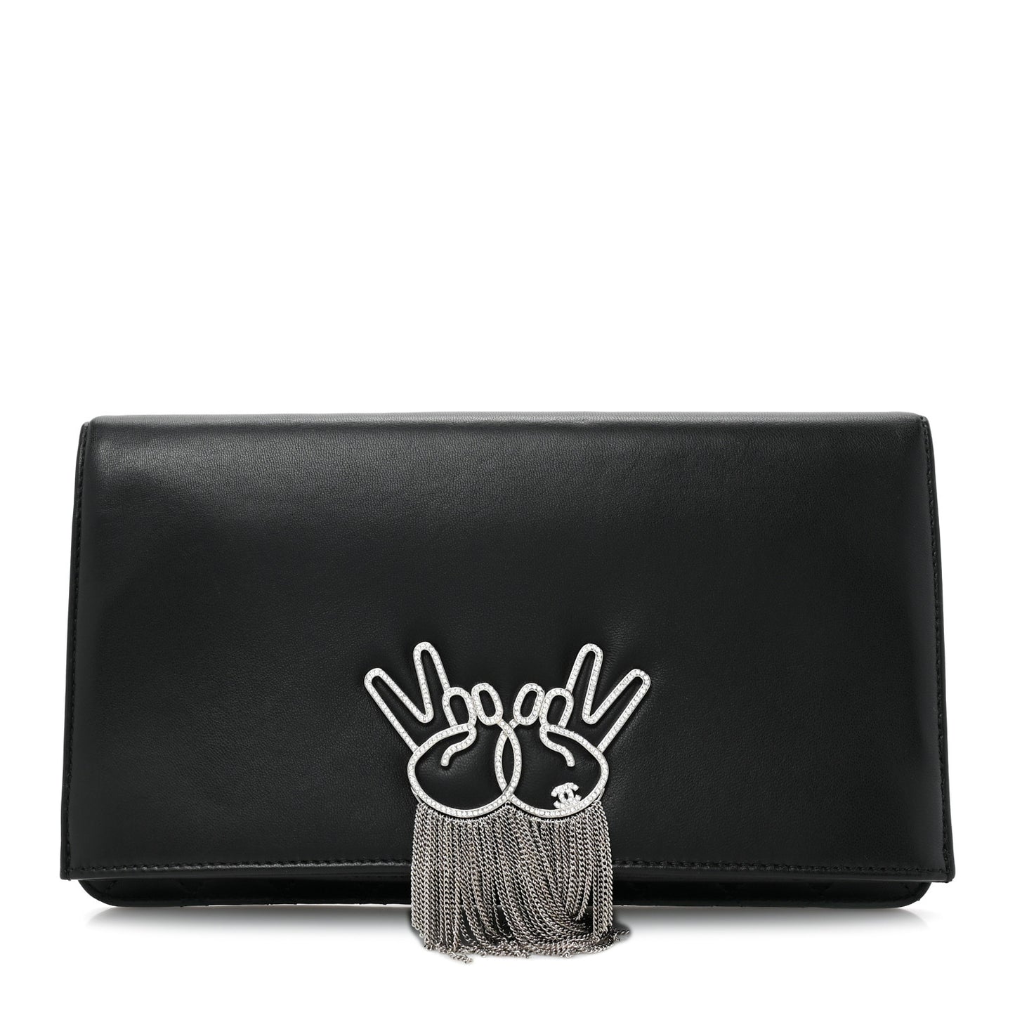 Lambskin Strass Crystal Peace Sign Emoji Fold Over Clutch Black