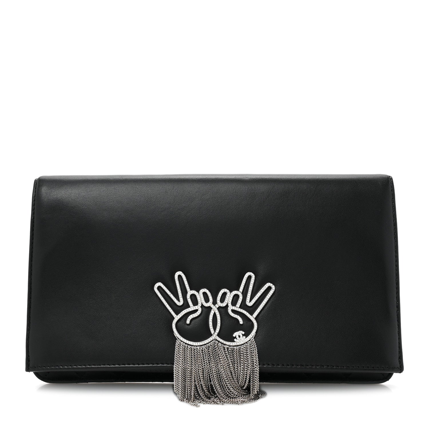 Chanel Lambskin Strass Crystal Peace Sign Emoji Fold Over Clutch Black 1 of 15