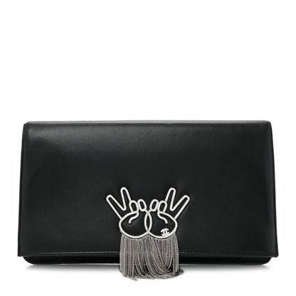 Chanel Lambskin Strass Crystal Peace Sign Emoji Fold Over Clutch Black 1 of 15