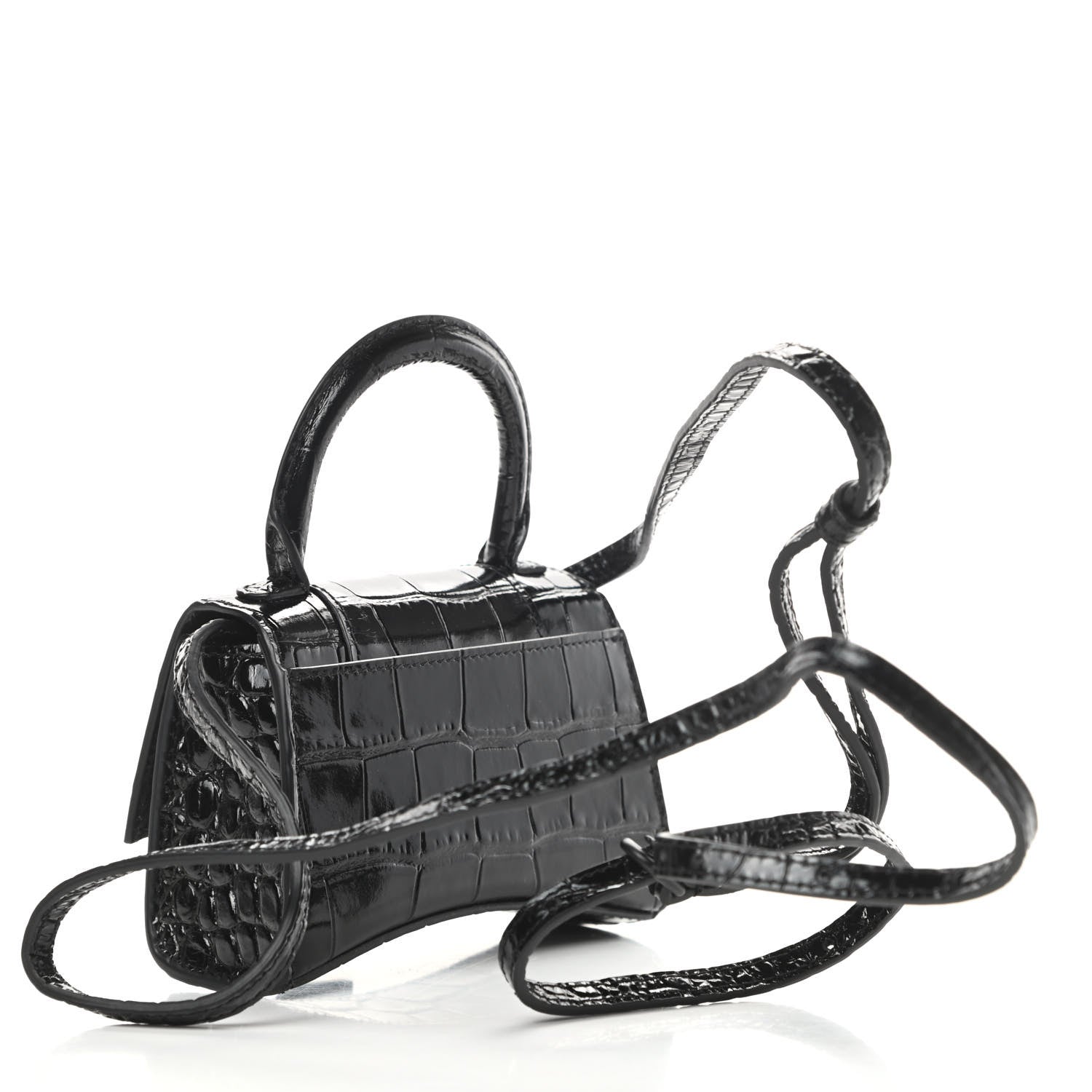 Balenciaga Shiny Calfskin Monochrome Crocodile Embossed Hourglass Top Handle Bag Mini Black 3 of 12