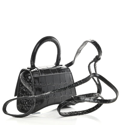 Balenciaga Shiny Calfskin Monochrome Crocodile Embossed Hourglass Top Handle Bag Mini Black 3 of 12