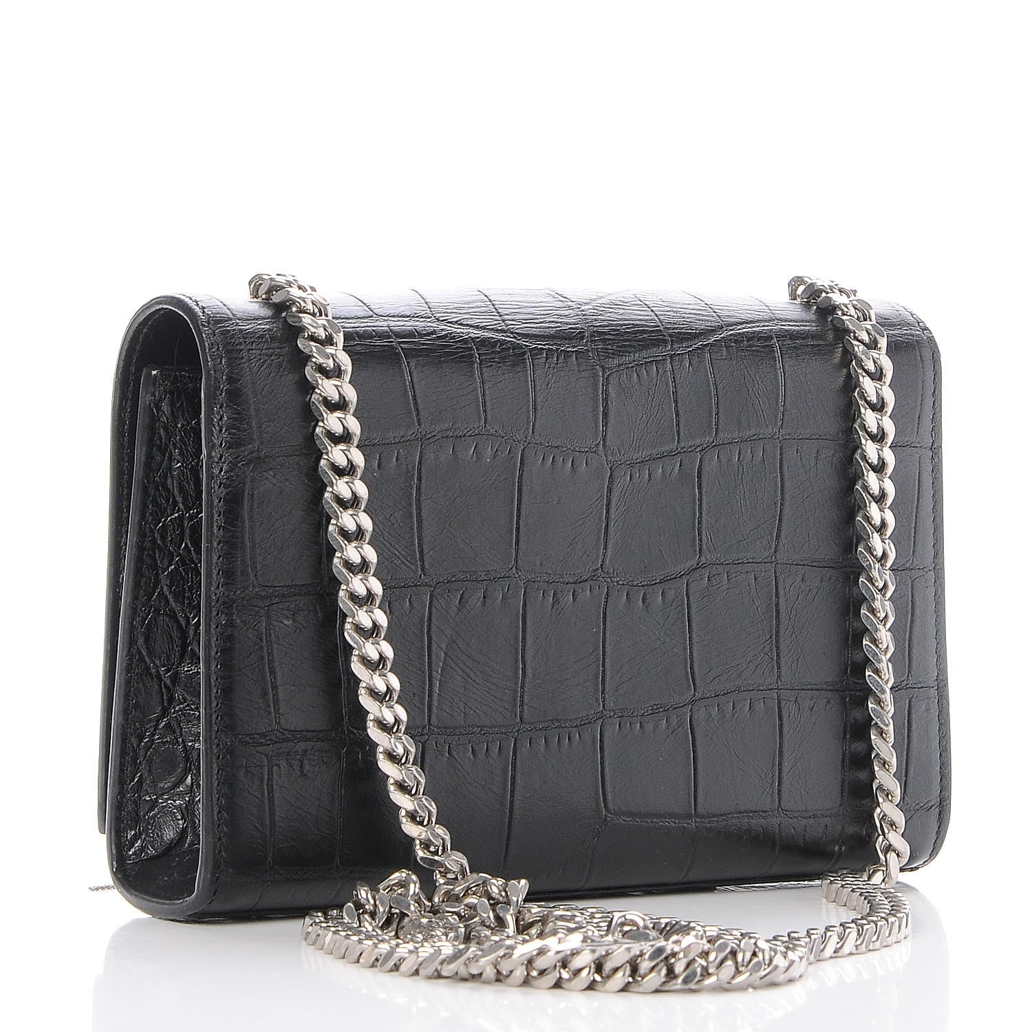 Saint Laurent Calfskin Crocodile Embossed Small Classic Monogram Tassel Satchel Black 3 of 6
