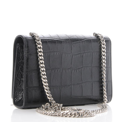 Saint Laurent Calfskin Crocodile Embossed Small Classic Monogram Tassel Satchel Black 3 of 6