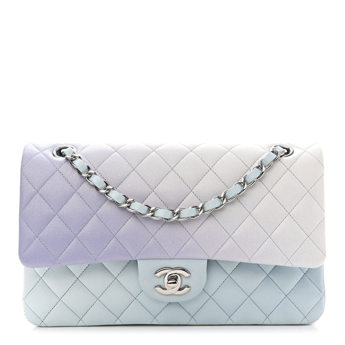 Perforated Lambskin Quilted Medium Double Flap Light Blue Light Purple White