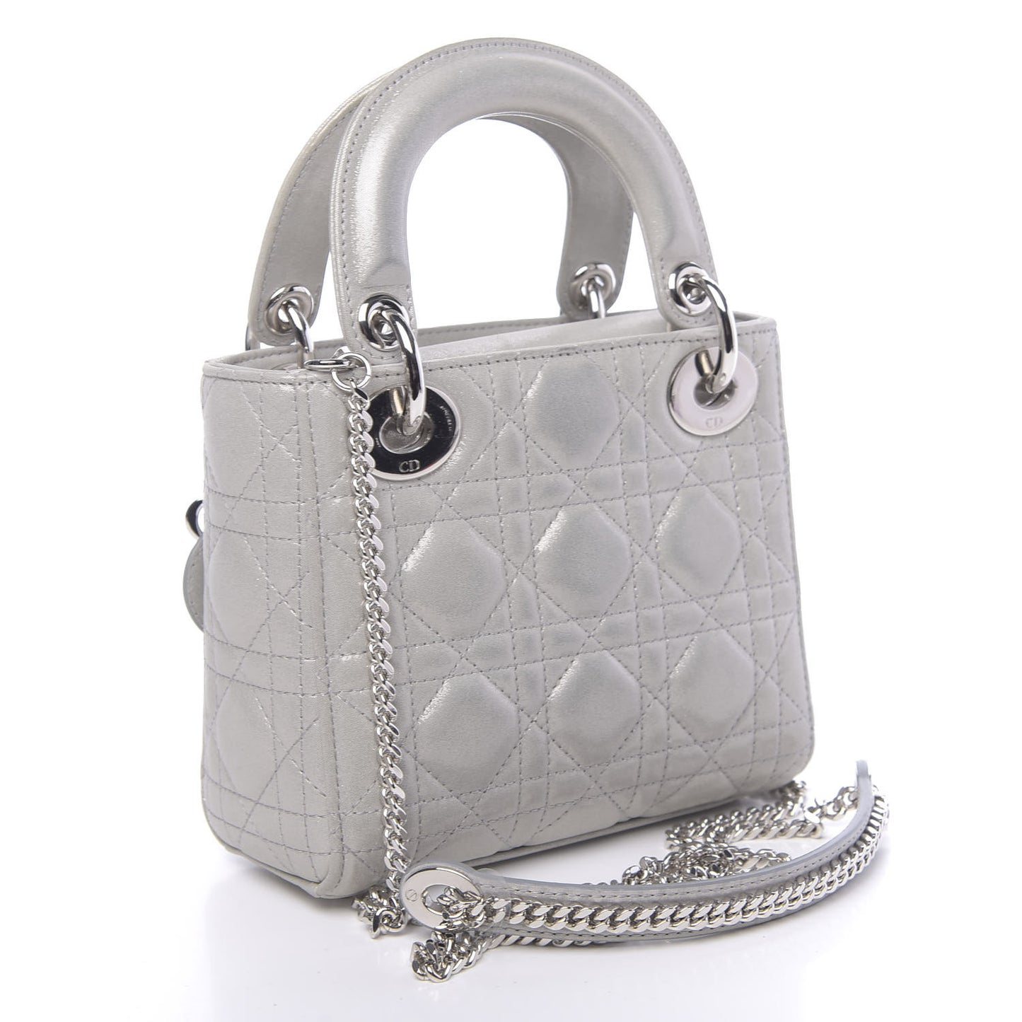 Metallic Lambskin Cannage Mini Lady Dior Silver