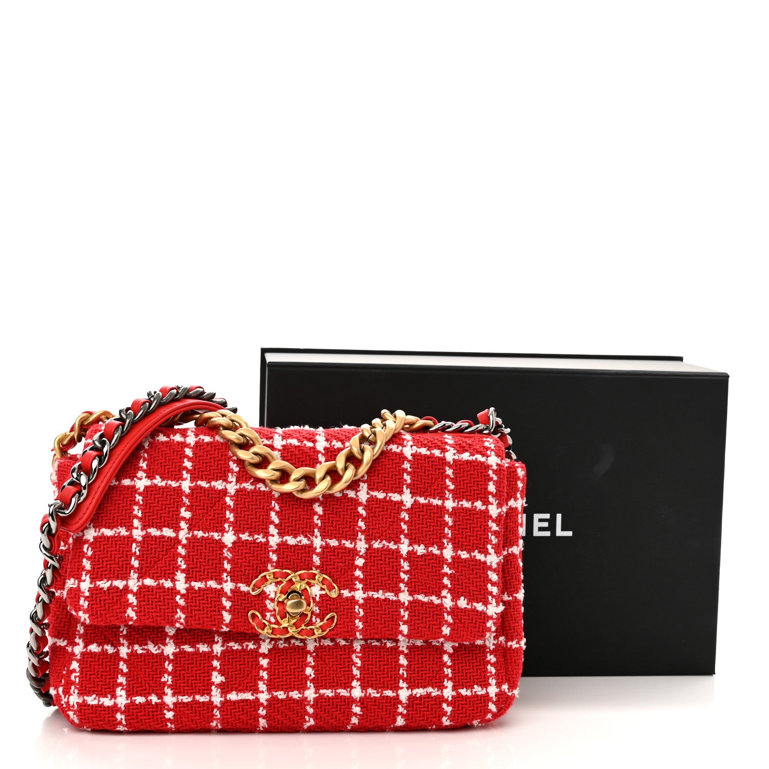 Chanel Tweed Quilted Medium Chanel 19 Flap Red White 11 of 11