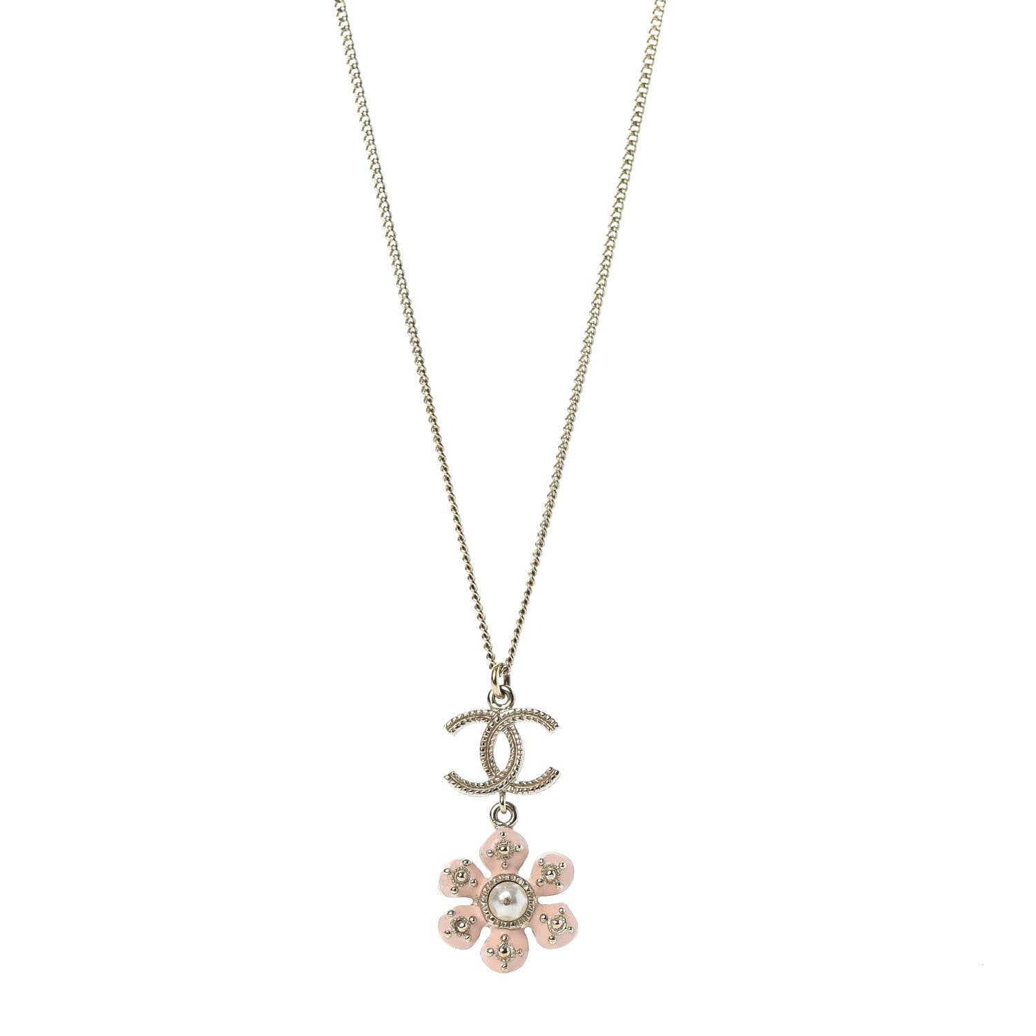 Chanel Enamel Pearl CC Flower Necklace Gold Pink 1 of 5