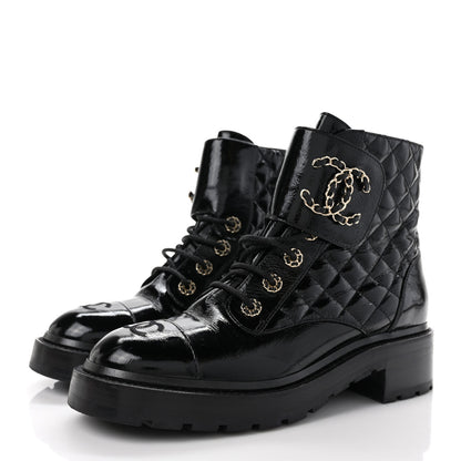 Chanel Shiny Calfskin Quilted Lace Up Combat Boots 39.5 Black 3 of 9