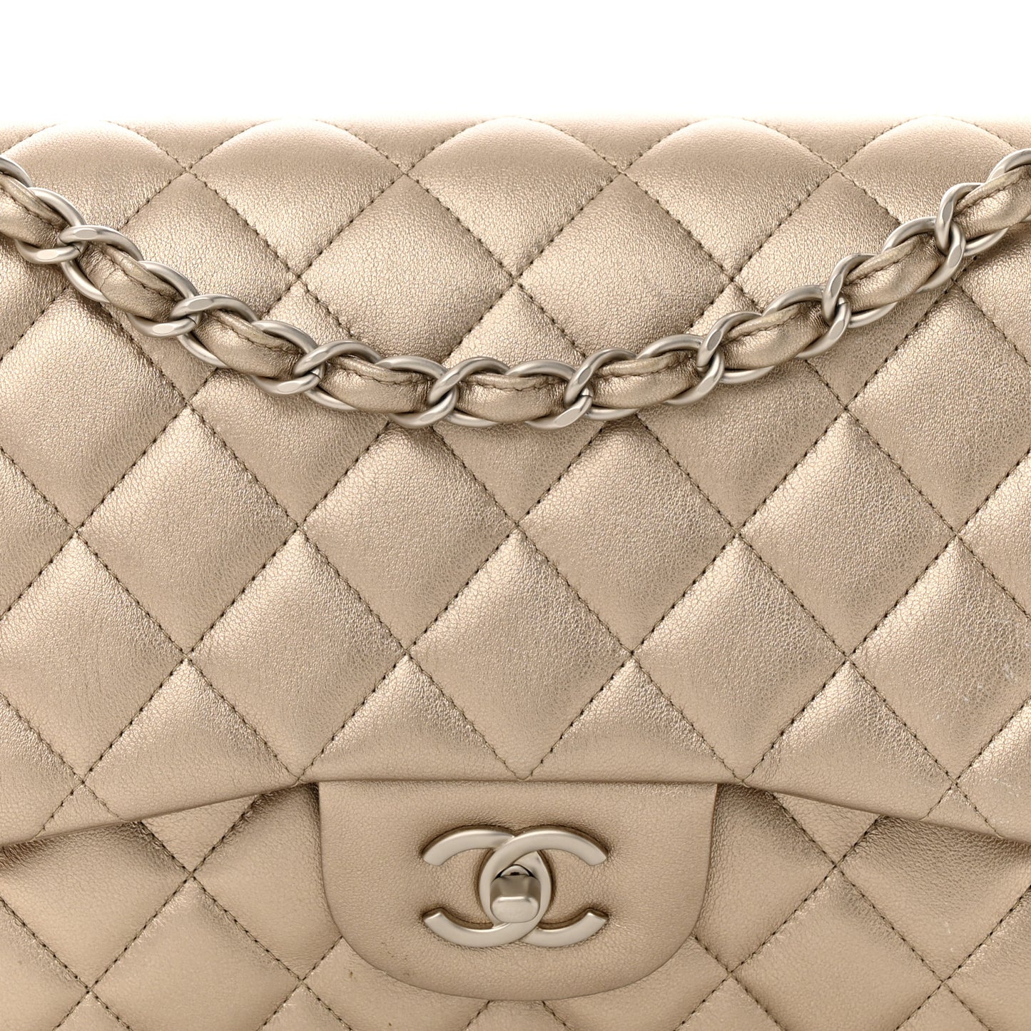 Metallic Lambskin Quilted Jumbo Double Flap Gold