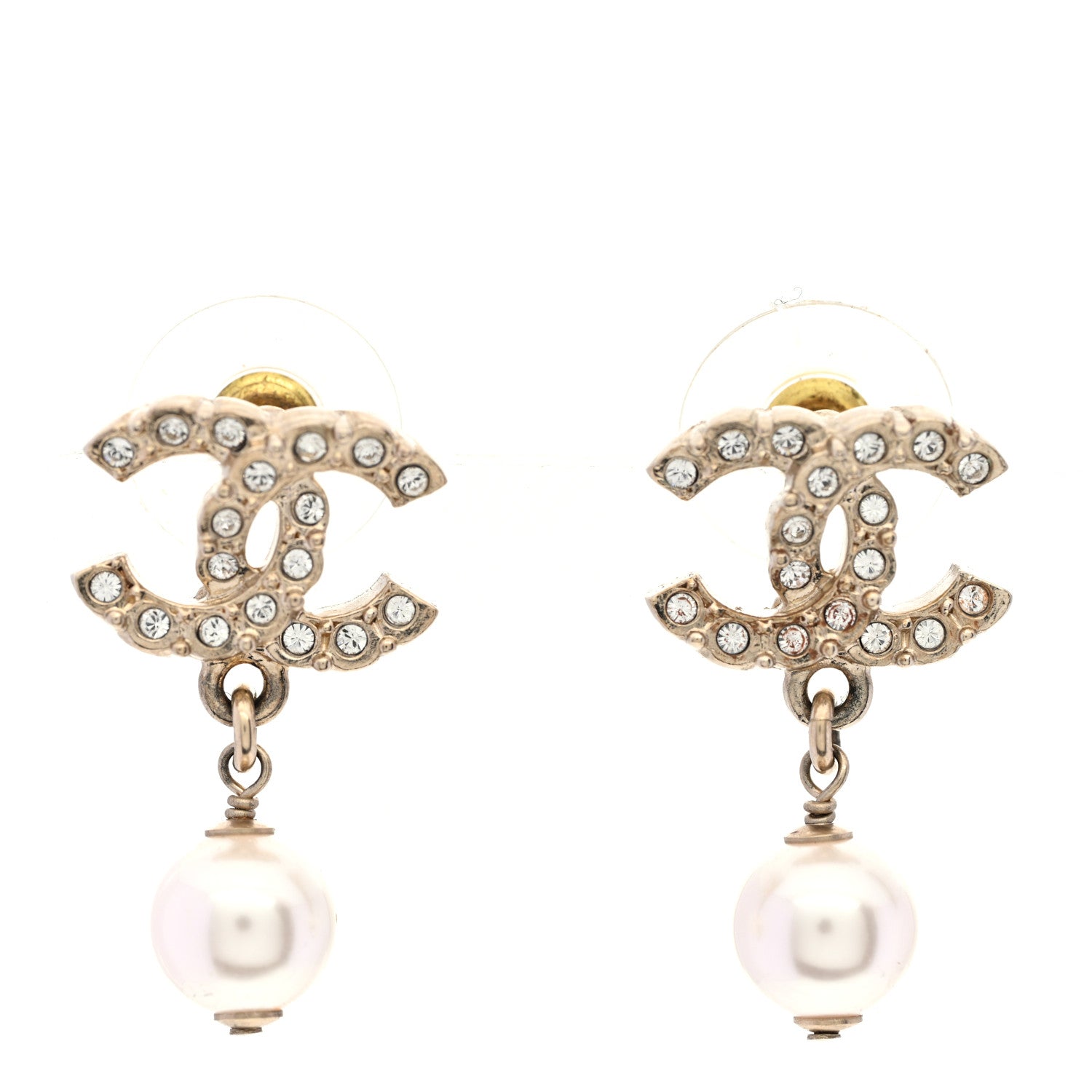 Chanel Crystal Pearl CC Drop Earrings Gold 1 of 5