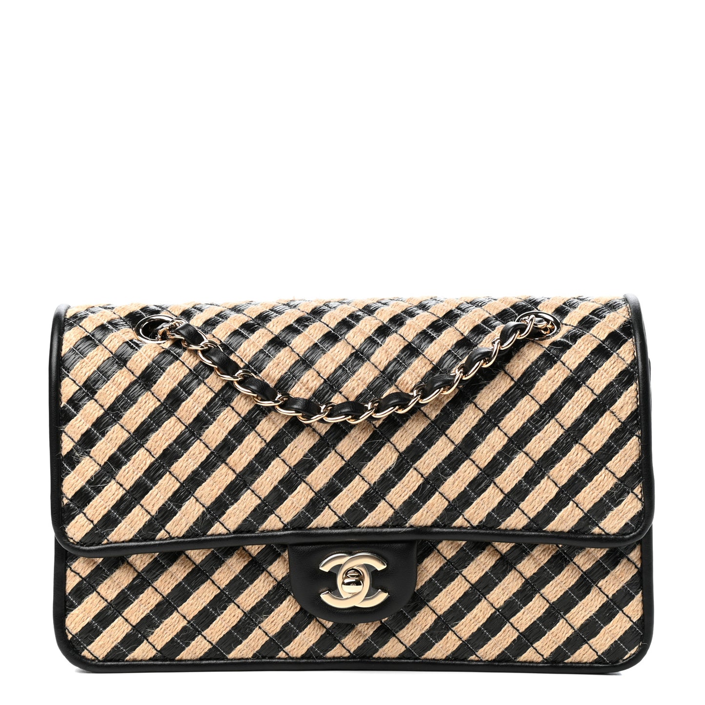 Raffia Jute Striped Medium Single Flap Black Beige