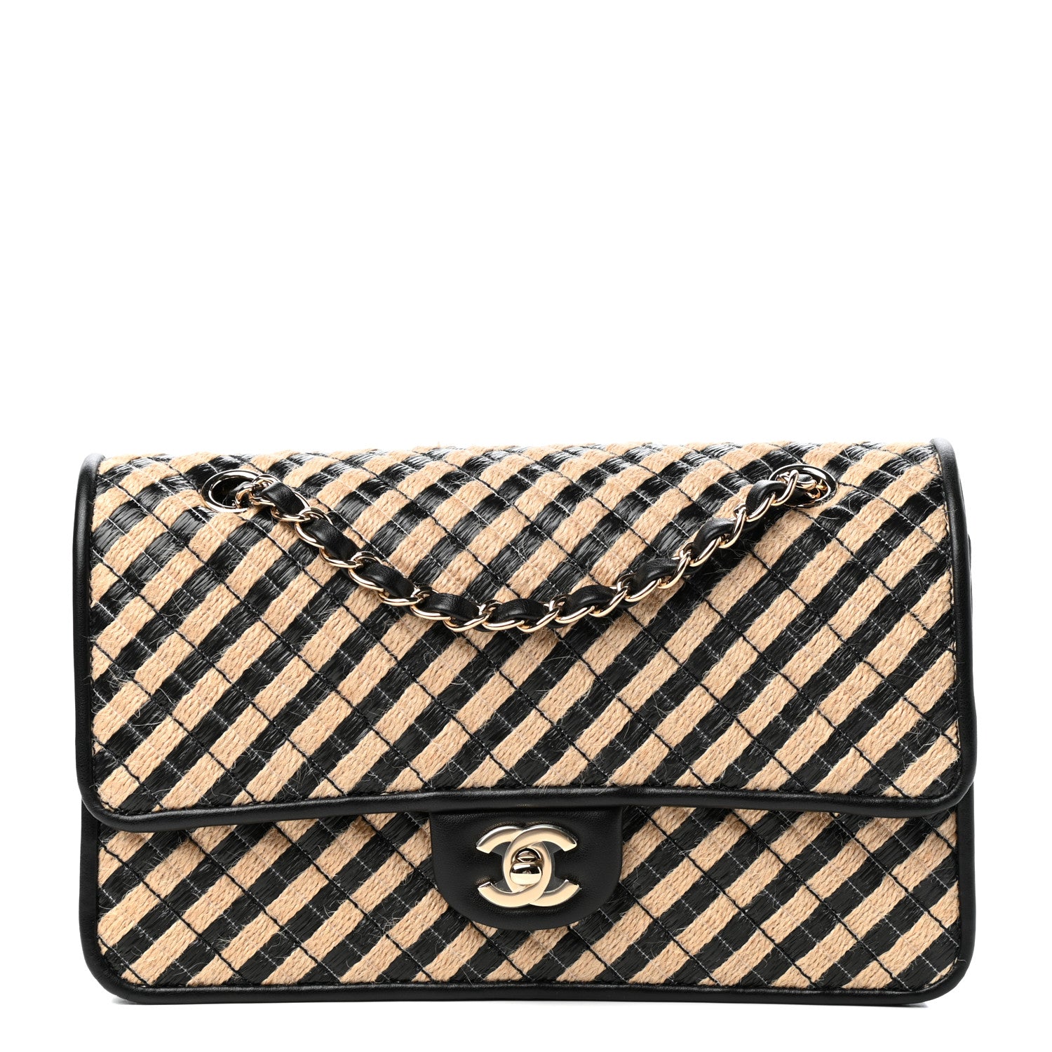 Chanel Raffia Jute Striped Medium Single Flap Black Beige 1 of 11