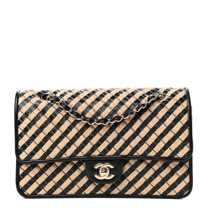 Chanel Raffia Jute Striped Medium Single Flap Black Beige 1 of 11