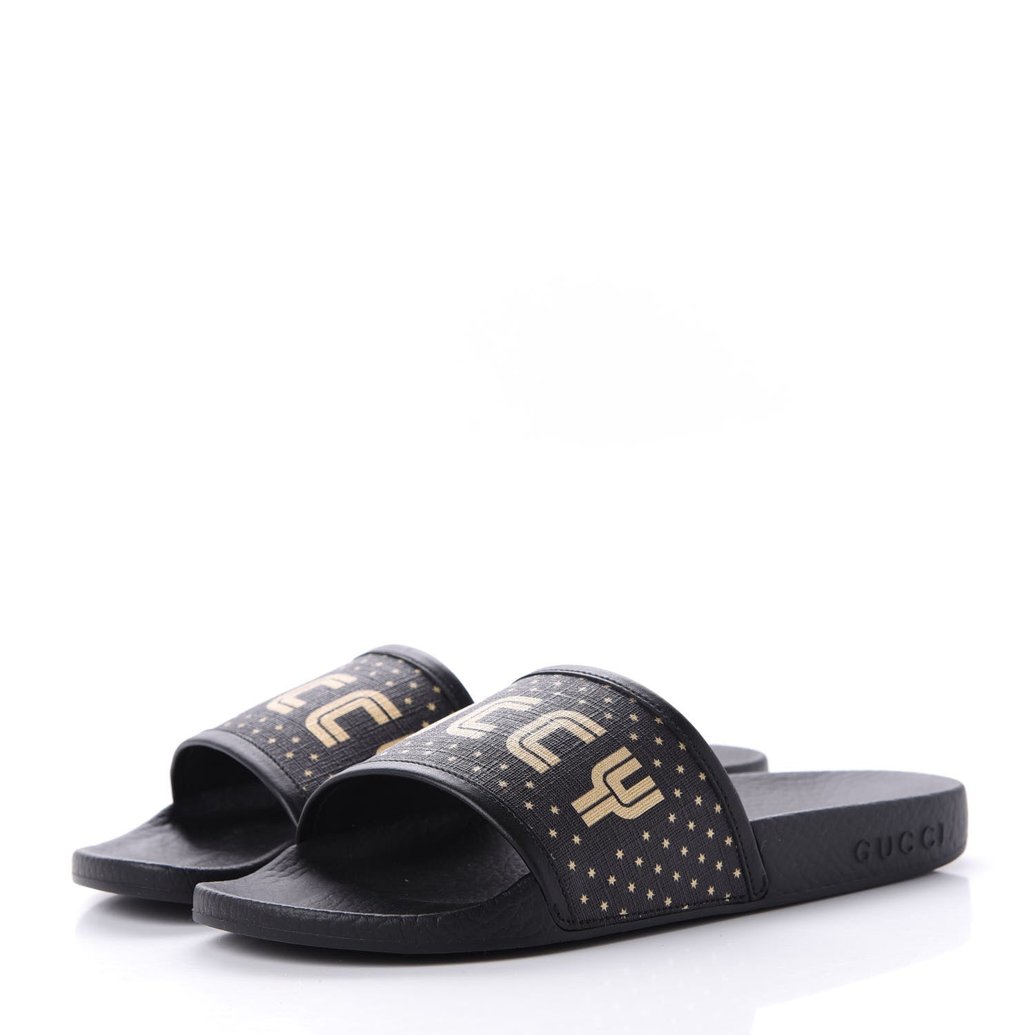 Gucci X SEGA Supreme Canvas GUCCY Stars Womens Slide Sandals 36 Black Gold 3 of 11